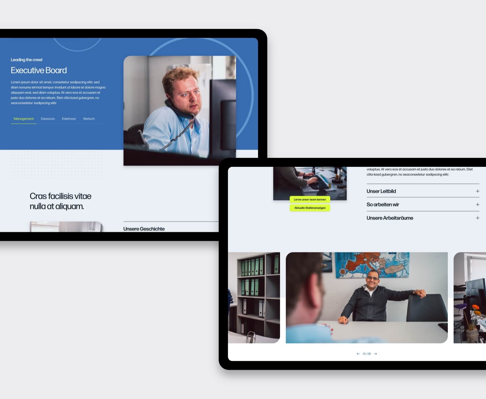 Team- en cultuurpagina van de website voor belastingadviseur met portretten en beeldslider