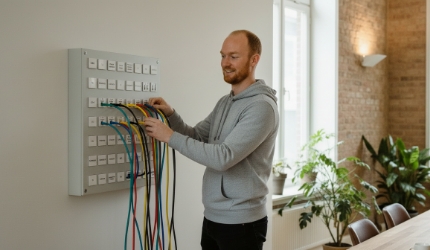 Medewerker sluit laatste kabel aan in wandpaneel als metafoor voor koppelingen externe tools, white label WordPress development