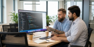 Twee ontwikkelaars bekijken componentstructuur in code-editor op gedeeld frontend development bureau in Zwolle