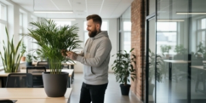 Medewerker controleert plant na verplaatsing als metafoor voor monitoring en uptime bewaking na website migratie