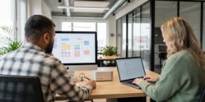 Monitoring and predictive analytics review, team checking performance patterns in a blurred interface