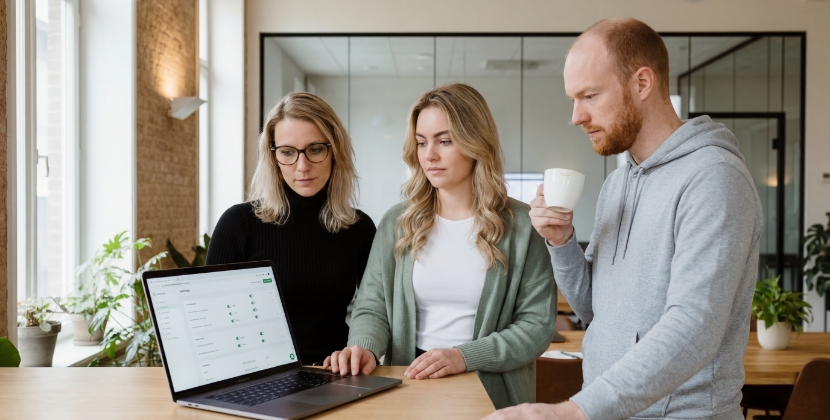 Three colleagues reviewing a multilingual website pre-launch checklist together in a Zwolle office