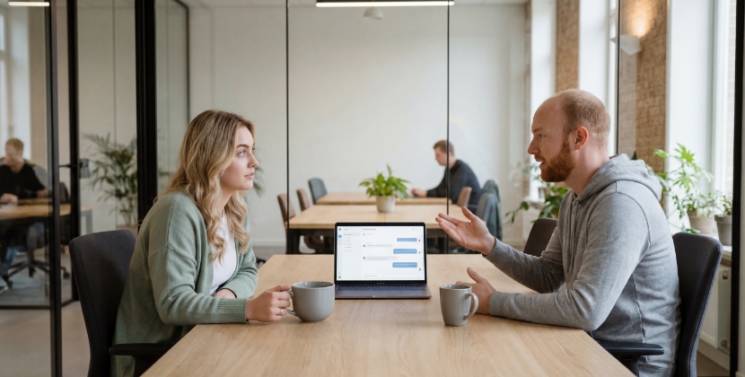 Two colleagues discussing multilingual SEO questions in a glass meeting room in a Zwolle office