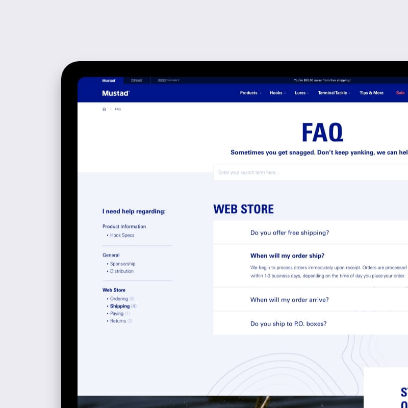 Veelgestelde vragen-pagina van hengelsport webshop van Mustad