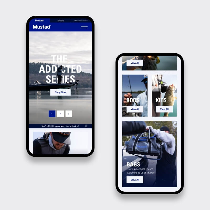 Mobiele schermen van multibrand webshop van Mustad met homepage en categorie-overzicht