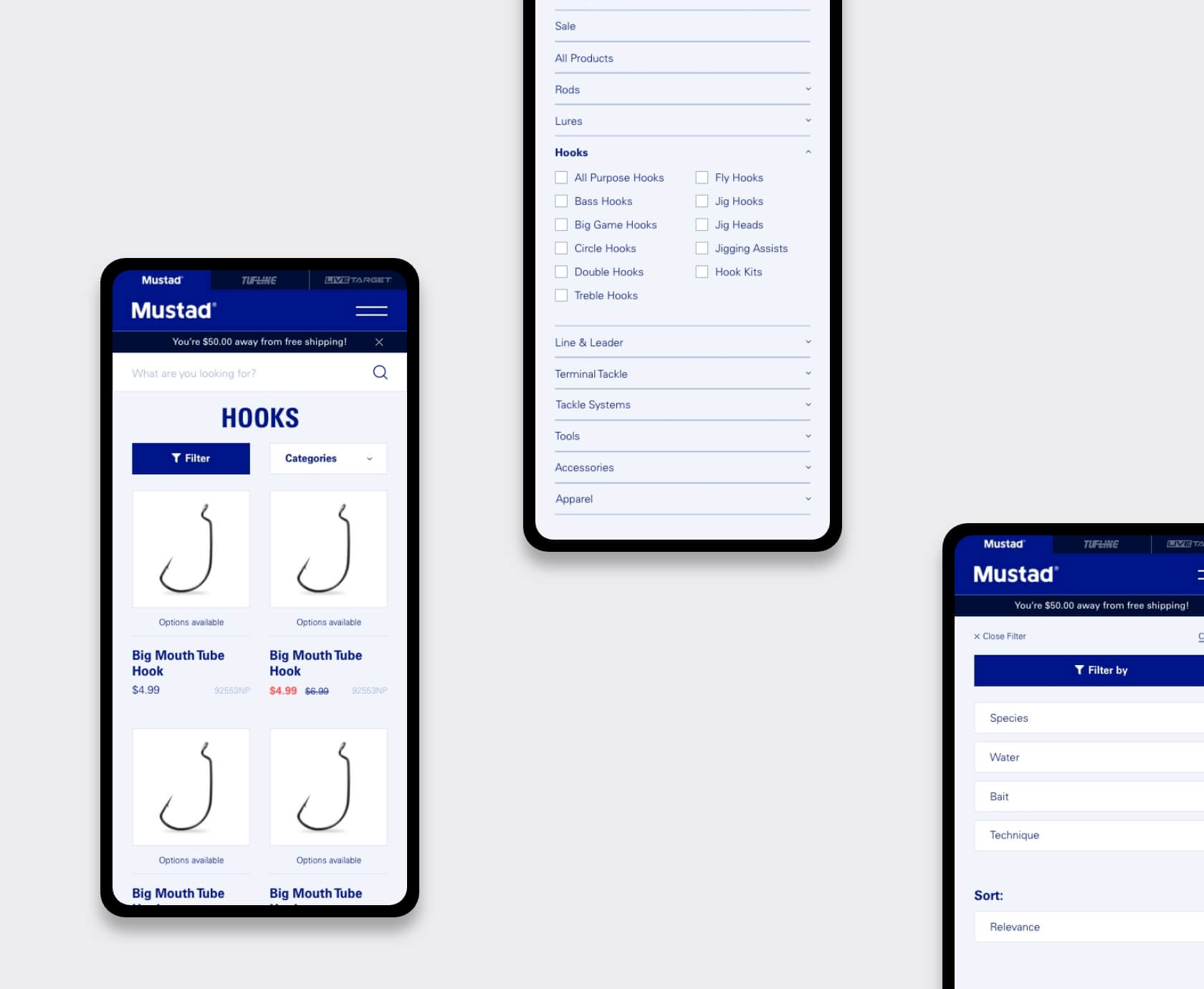Mobiele productlijst en filtermenu in hengelsport webshop van Mustad