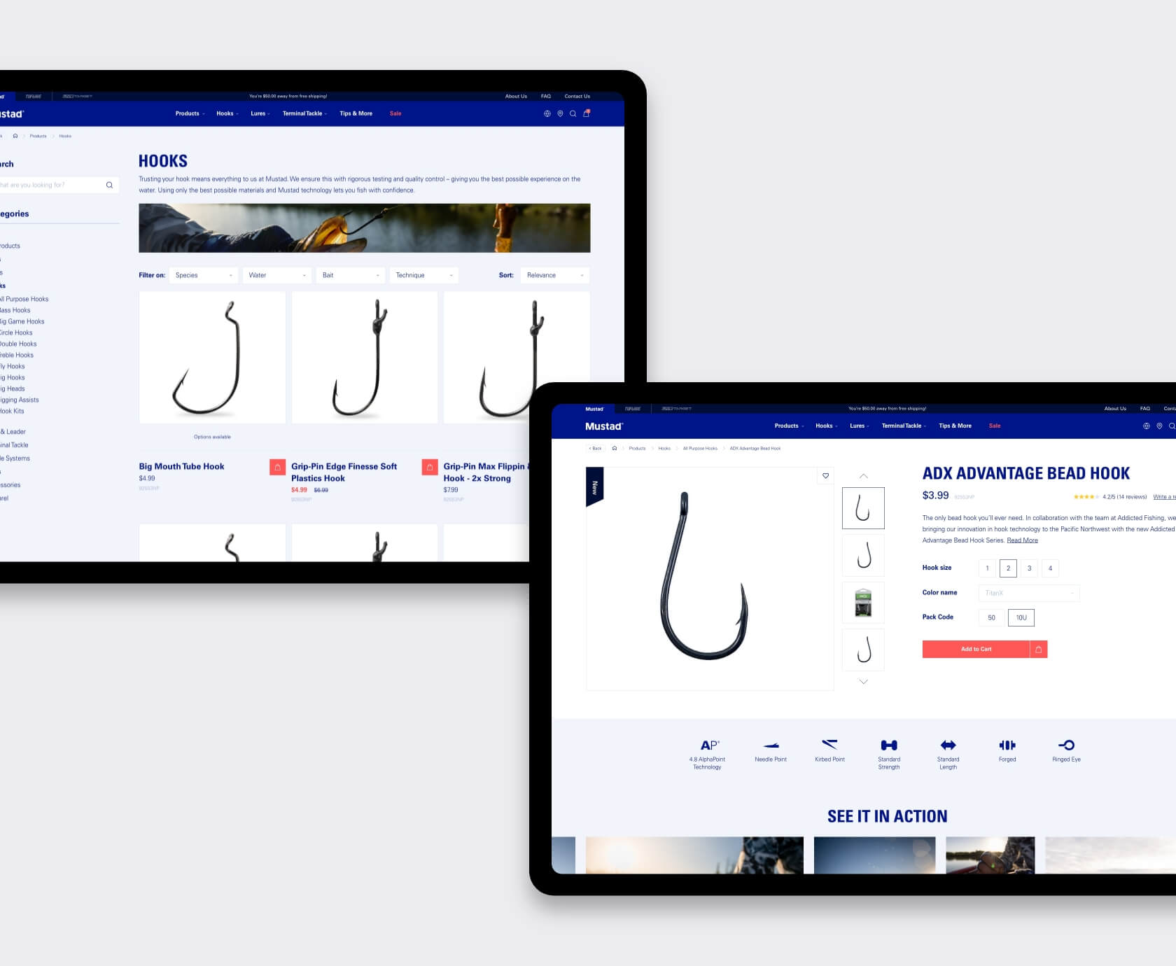 Collectiepagina en productpagina van hengelsport webshop van Mustad op desktop