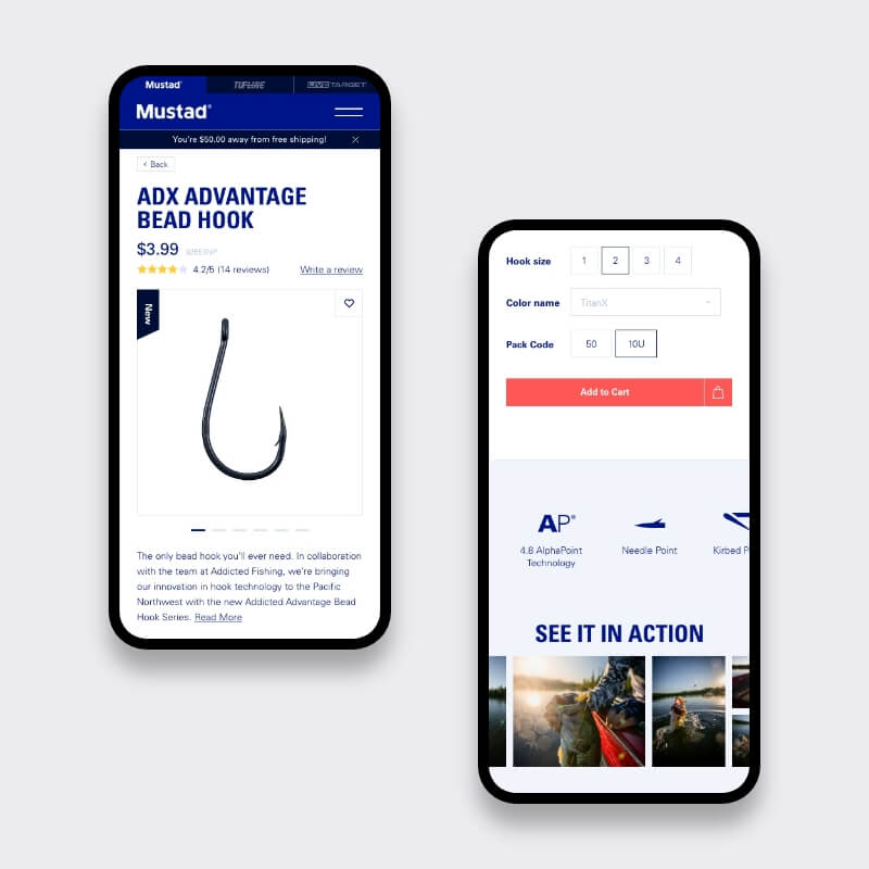 Mobiele productpagina van Mustad met keuzeknoppen en winkelwagenknop
