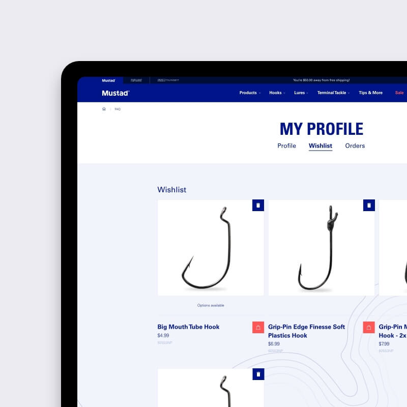 Verlanglijstpagina in multibrand webshop van Mustad
