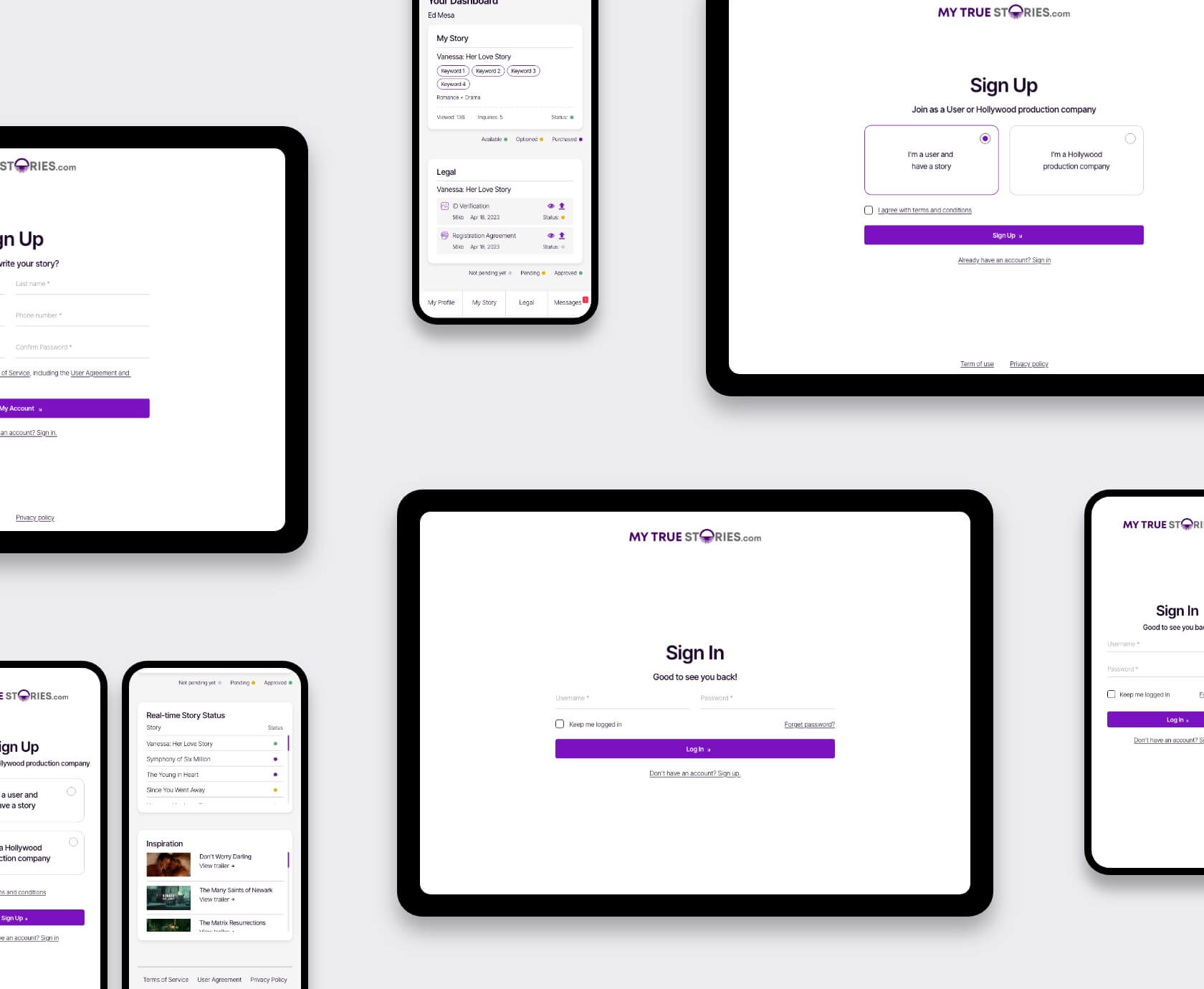 Collage van desktop-, tablet- en mobiele schermen van het My True Stories community platform voor verhalen