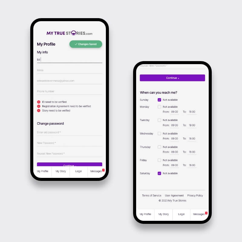 Mobiele profielinstellingen en beschikbaarheidsbeheer op het My True Stories community platform voor verhalen