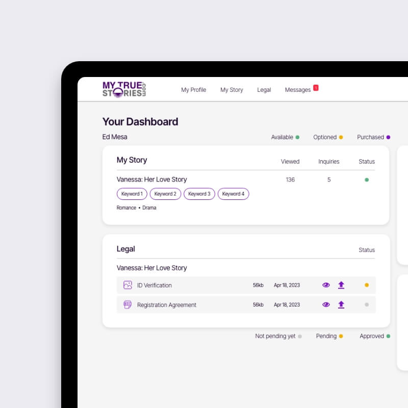 Gebruikersdashboard van het My True Stories community platform voor verhalen met verhaalstatus en juridische documenten