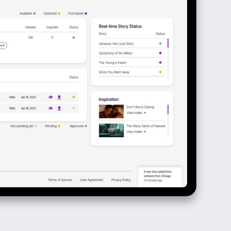 Dashboard met real-time verhalenstatus en inspiratiesectie, UX-ontwerp verhalen platform My True Stories