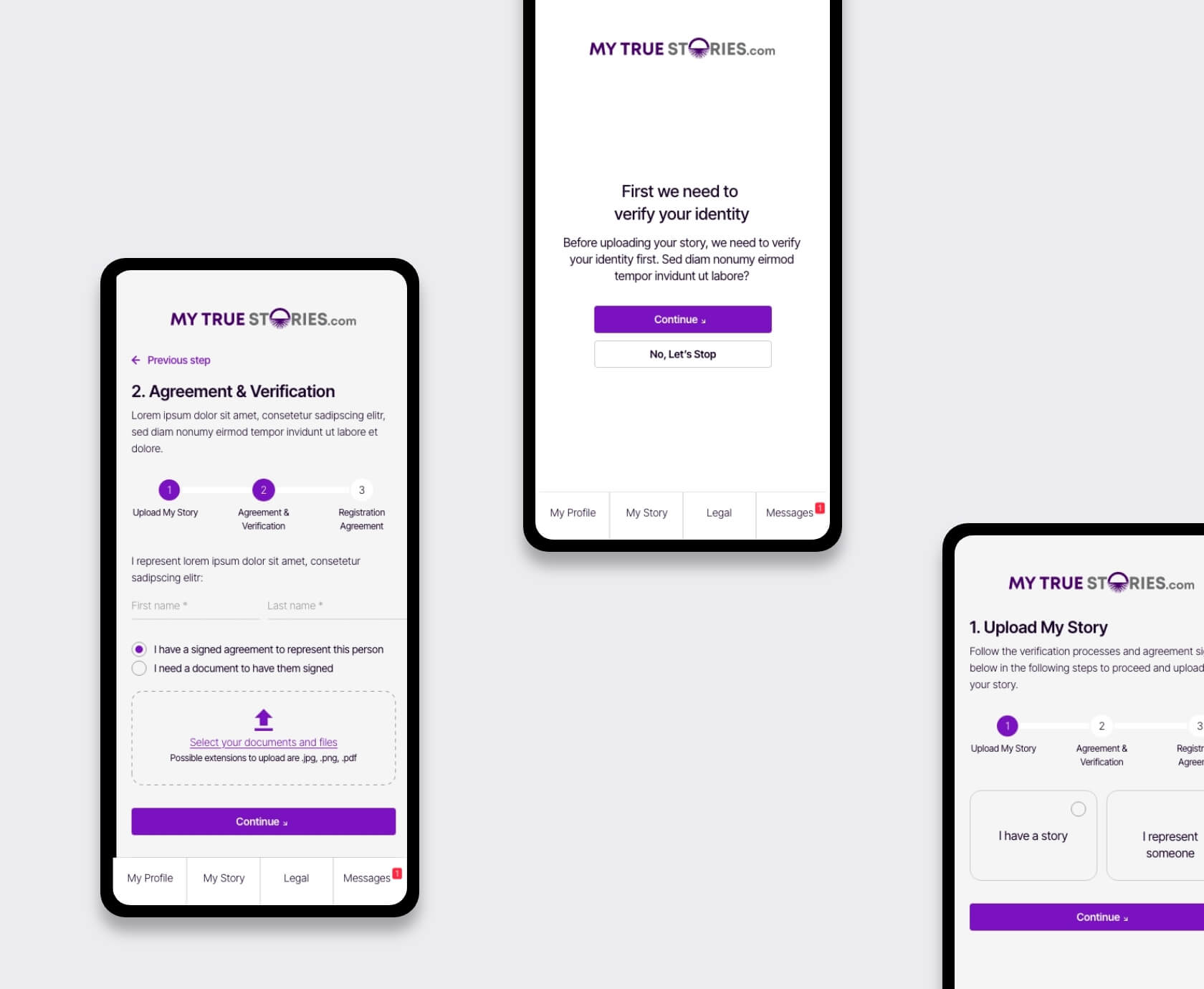 Mobiele upload- en verificatiestappen voor het indienen van verhalen op het My True Stories platform