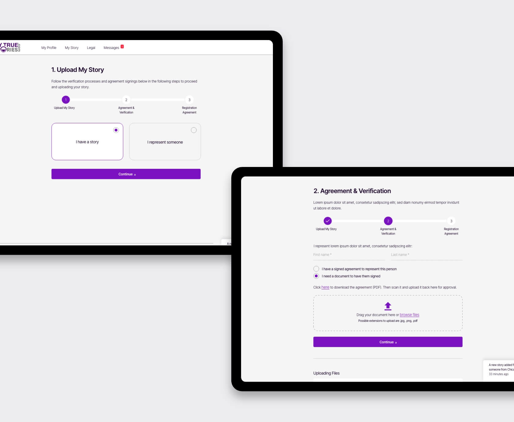 Tabletschermen met verhaal-uploadstroom en verificatieproces, My True Stories community platform voor verhalen