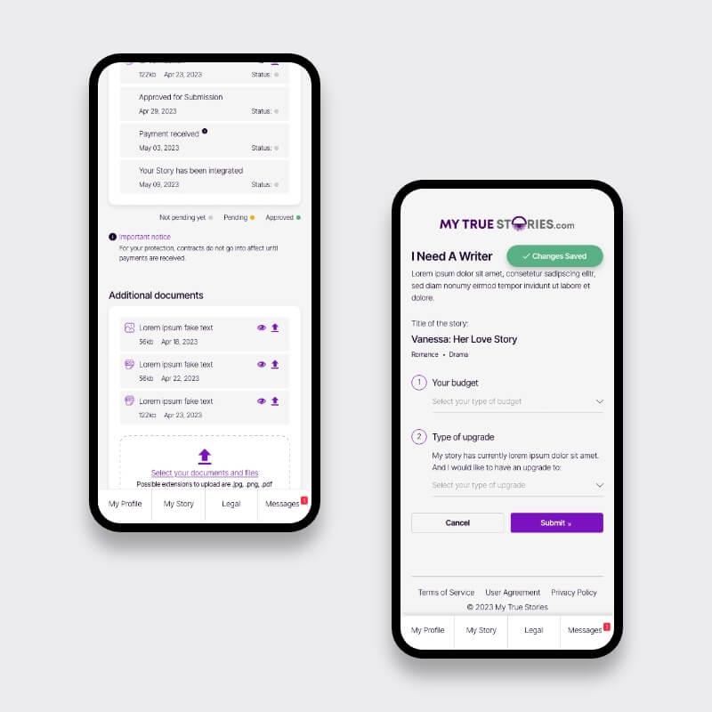 Mobiele weergave van juridische documenten en schrijversaanvraag op het My True Stories UX-ontwerp verhalen platform
