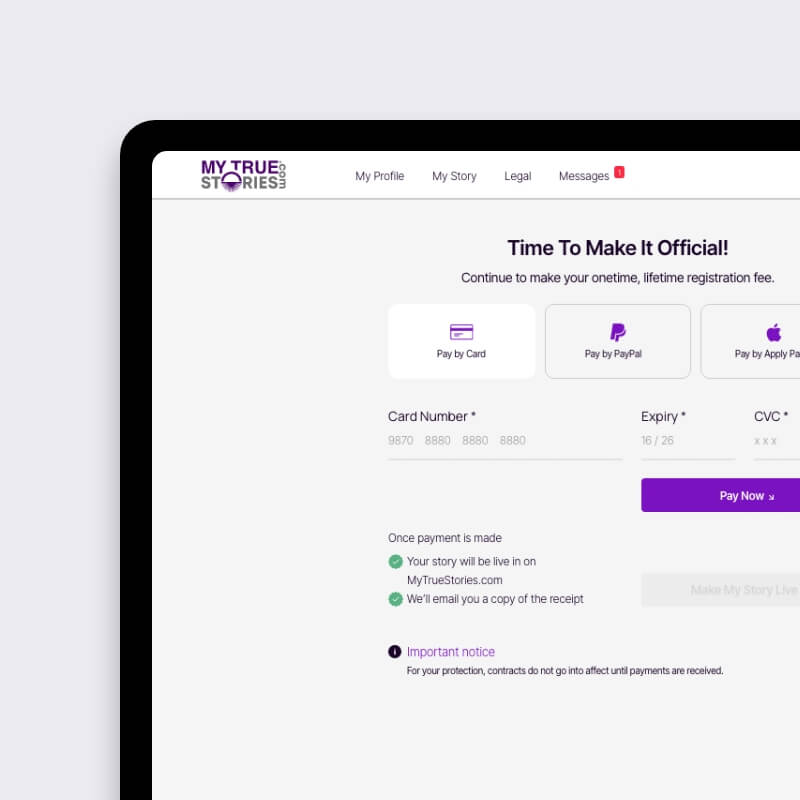 Collage van tablet- en mobiele schermen met registratie, dashboard en inloggen op het My True Stories community platform voor verhalen