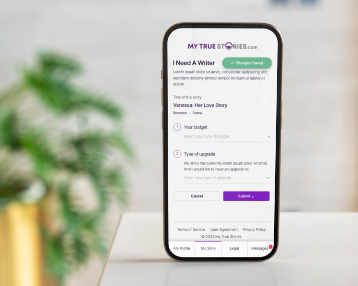 Mobiele weergave van juridische documenten en schrijversaanvraag op het My True Stories UX-ontwerp verhalen platform
