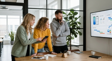 Developer at a whiteboard with two diverging mobile app architecture diagrams labeled native iOS/Android and cross-platform, sticky notes and a budget printout visible on the table