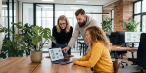 Google ads service performance check, reviewing results via blurred UI blocks without dashboards or charts