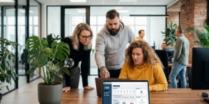 Performance tracking and reporting with social media management services, reviewing results in a blurred interface