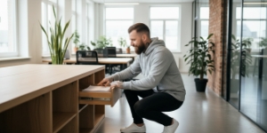 Medewerker opent en ordent lade soepel als metafoor voor prestatieoptimalisatie en snelle FCP bij website onderhoud