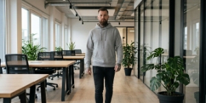 Medewerker loopt doelgericht door kantoor als metafoor voor snelle reactietijd binnen SLA website onderhoud