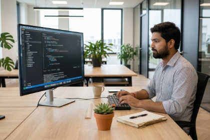 Ontwikkelaar typt componentcode in editor op monitor in Zwols kantoor
