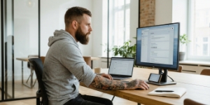 frontend development ontwikkelaar past browservenster aan op monitor en laptop in Zwols kantoor