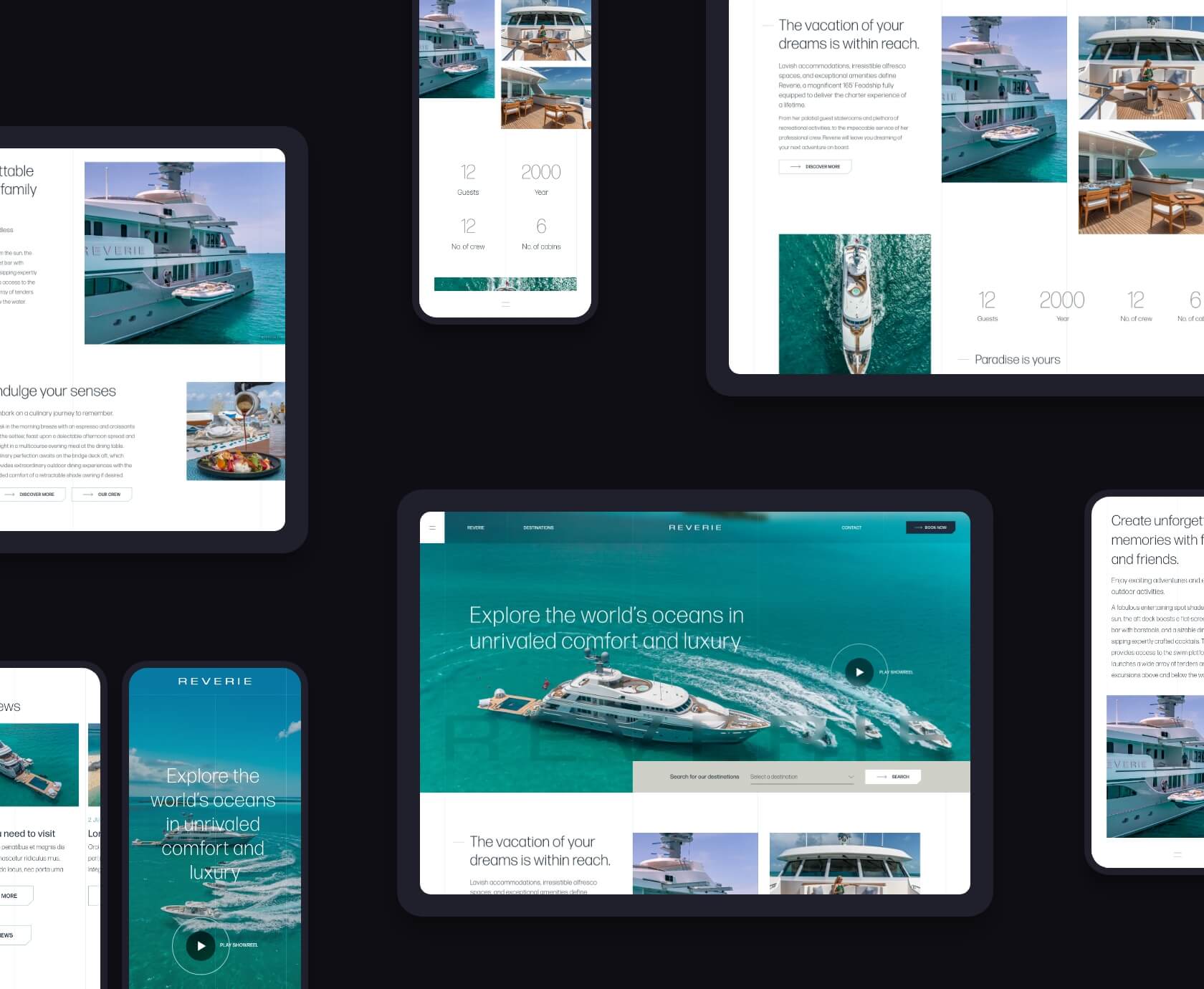 Overzicht van de Reverie superjacht charter website op desktop, tablet en mobiel
