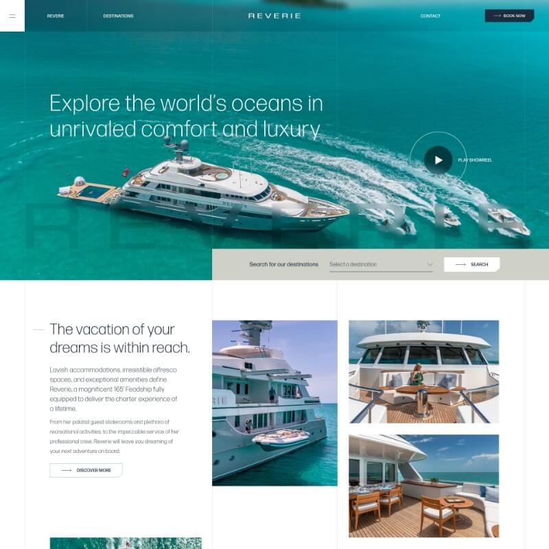 Homepage van de Reverie superjacht charter website met hero-sectie en bestemmingszoeker