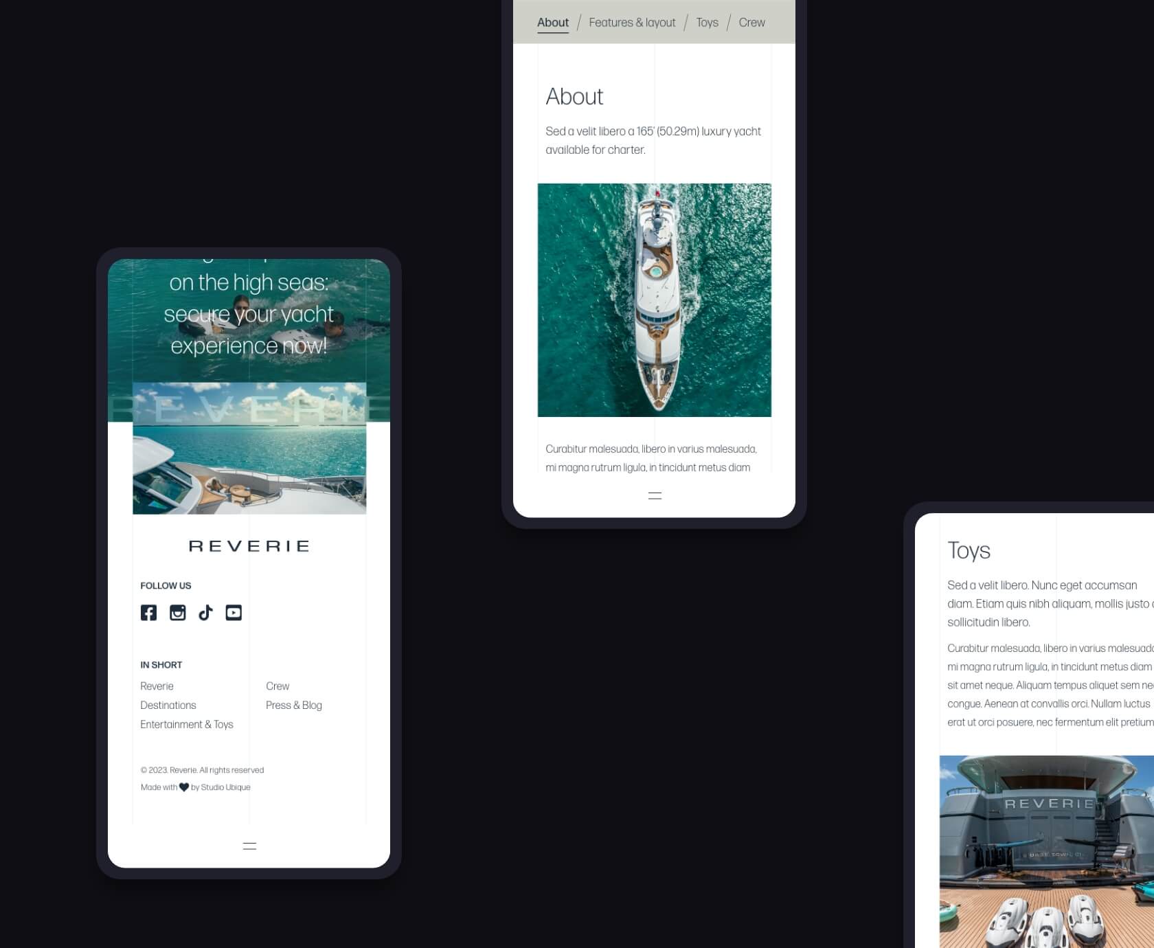 Mobiele weergave van jacht-over-pagina en toys-sectie, Reverie superjacht charter website