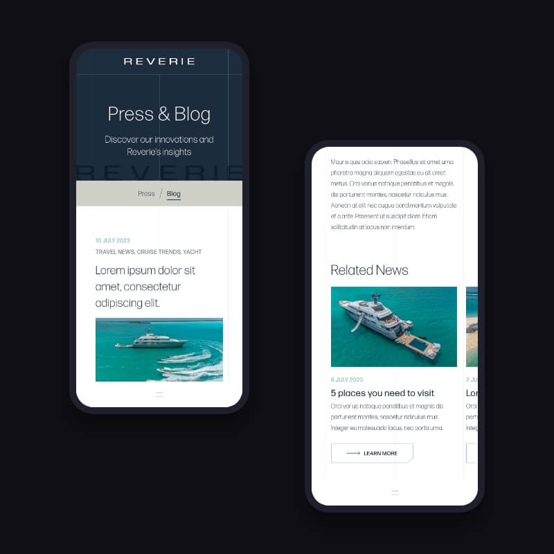 Mobiele blog- en perssectie van de Reverie superjacht charter website
