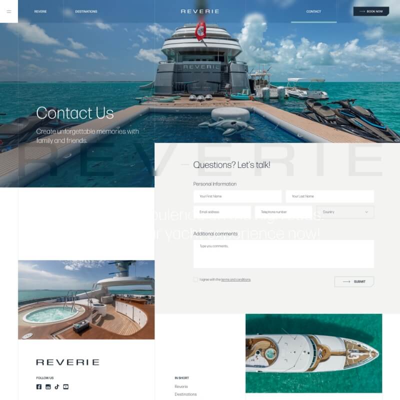 Contactpagina en footer van de Reverie superjacht charter website door Studio Ubique