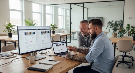 Twee browservensters met verschillende taalversies van dezelfde website op een houten bureau in een Zwols kantoor, persoon leunt voorover met een licht verwarde uitdrukking, zacht daglicht