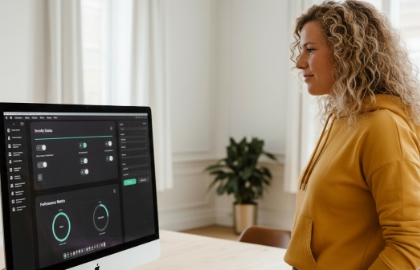 Beheerder controleert website beveiliging en snelheid in gecombineerde beveiligings- en performanceinterface op iMac