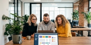 Social media management services in action, team coordinating posts and responses at the office desk