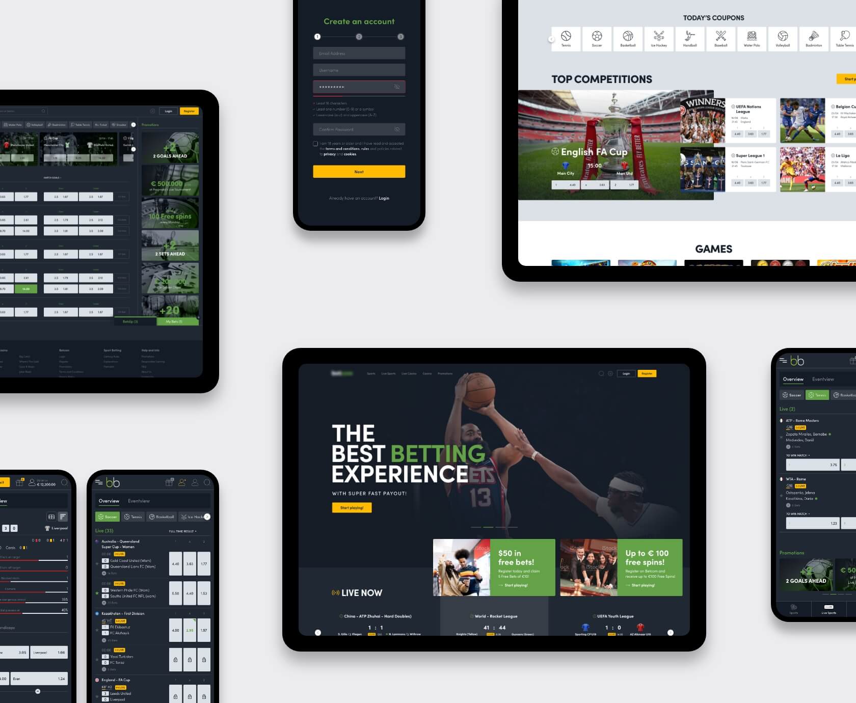 Collage van tablet- en mobielschermen van sportsbook platform op maat, registratie en live quotes