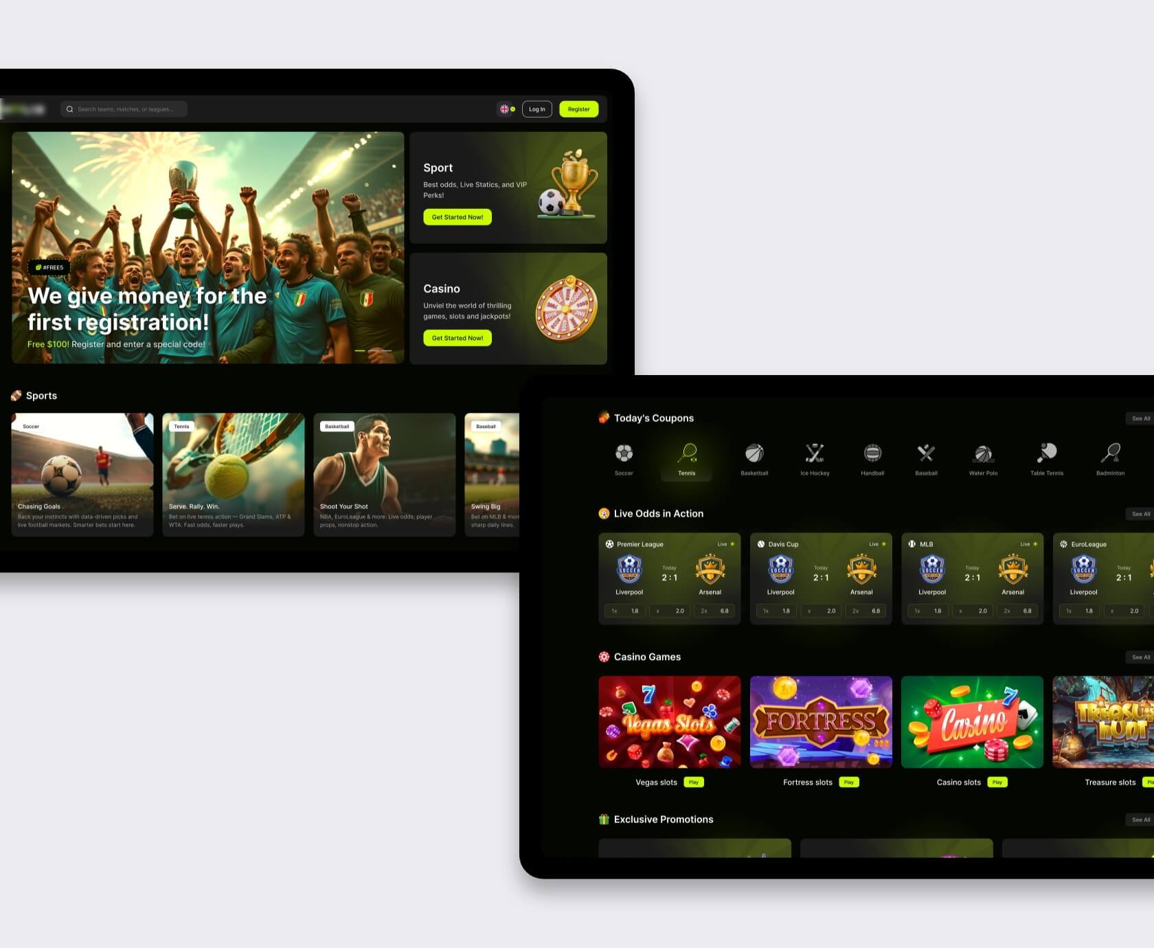 Donker UI-thema met casino en live odds, sportsbook platform op maat door Studio Ubique