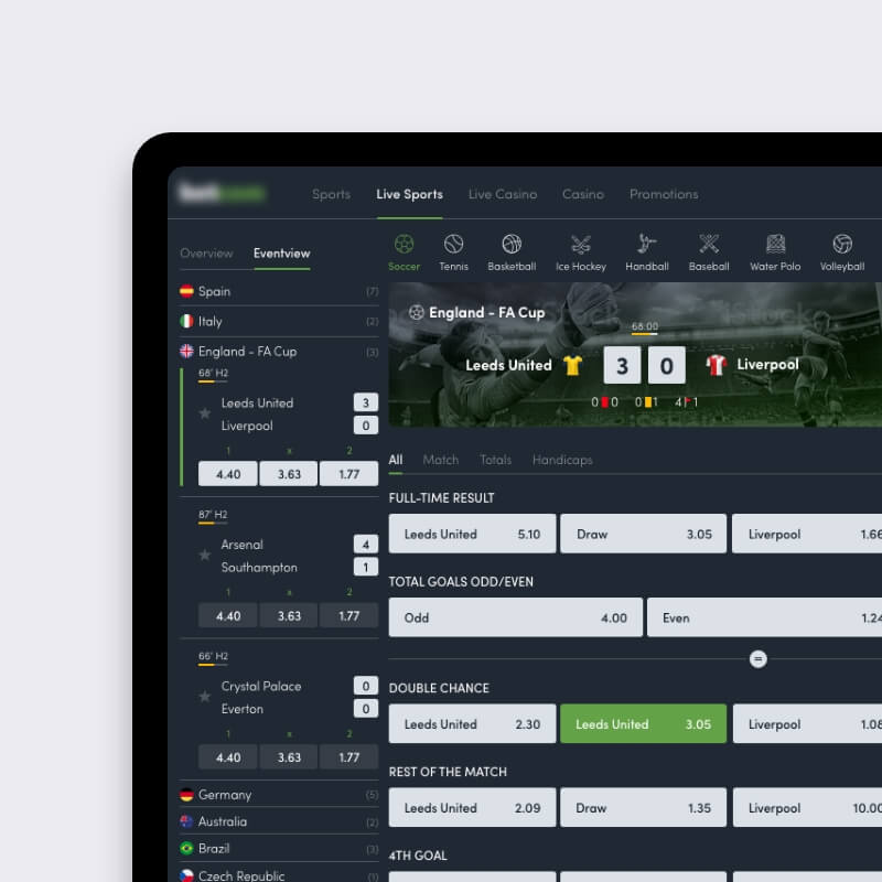Live sportsevenement met quoteoverzicht op tablet, iGaming UX-ontwerp sportsbook platform op maat