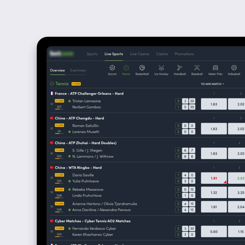 Live tennisoverzicht met real-time quotes op sportsbook platform op maat