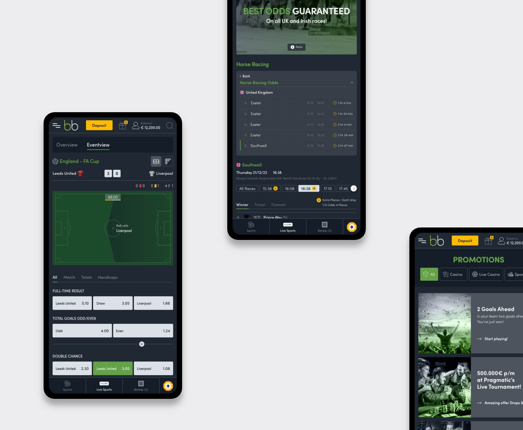 Mobiele schermen met live sport, paardenraces en promoties van iGaming UX-ontwerp sportsbook