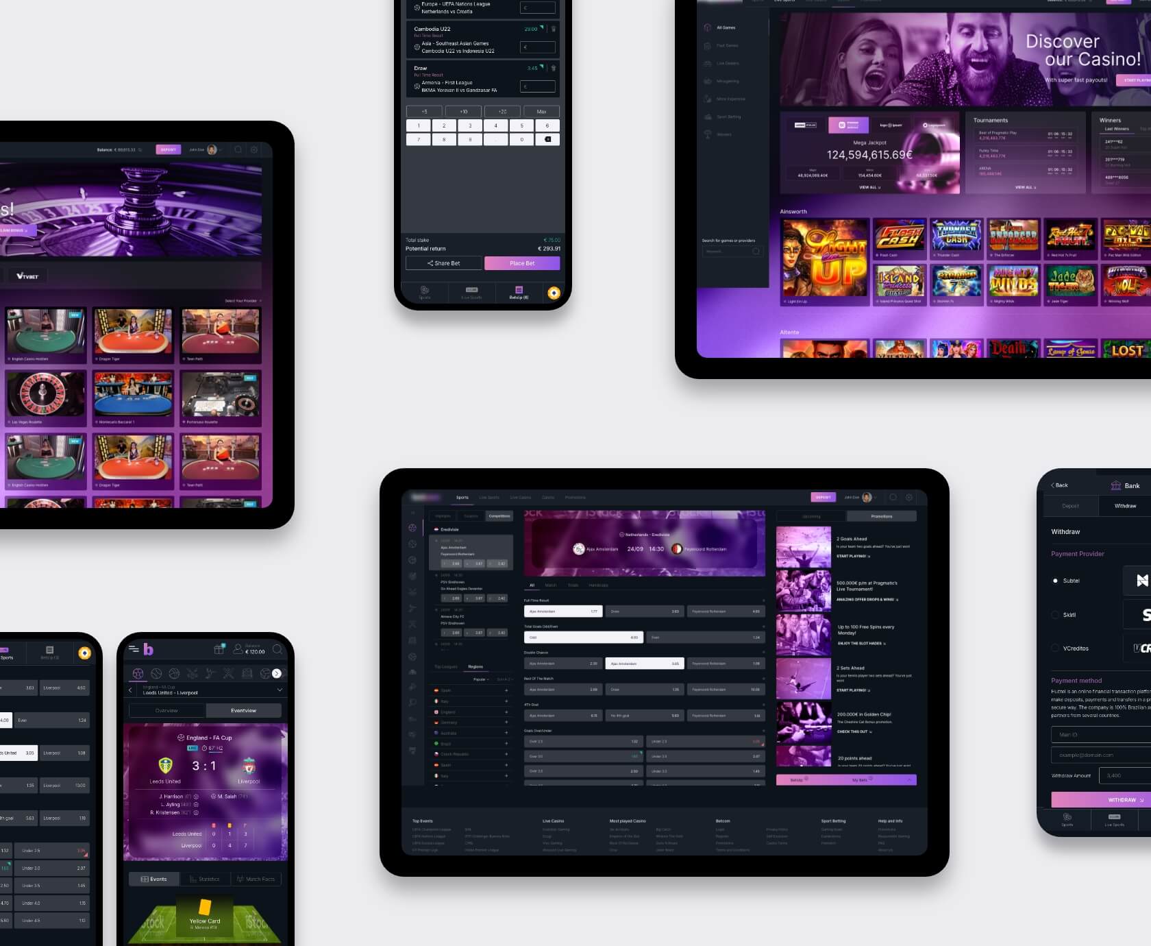 Paars UI-thema van sportsbook platform op maat met casinogames, betslip en live sport