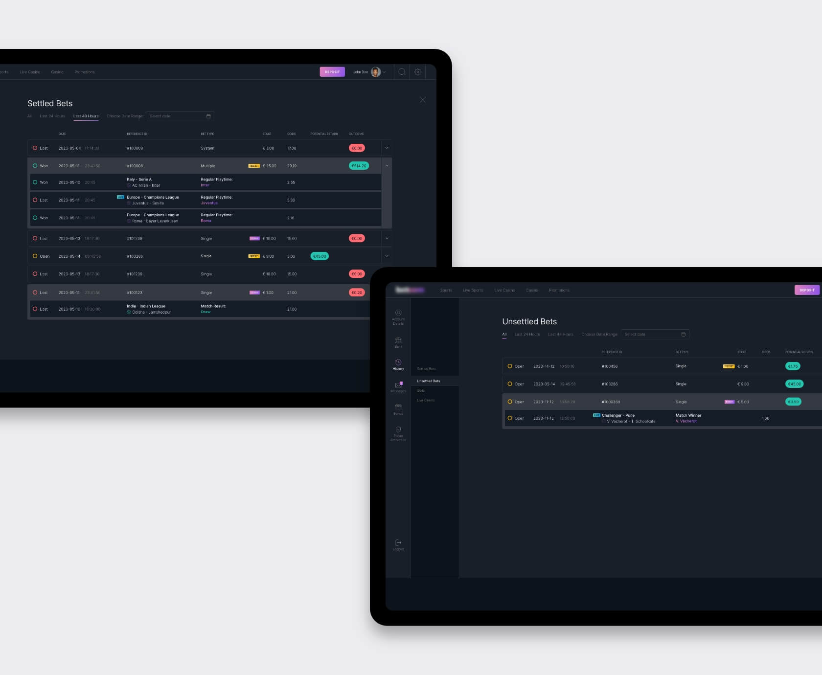 Tabletschermen met afgeronde en openstaande inzetten van sportsbook platform op maat