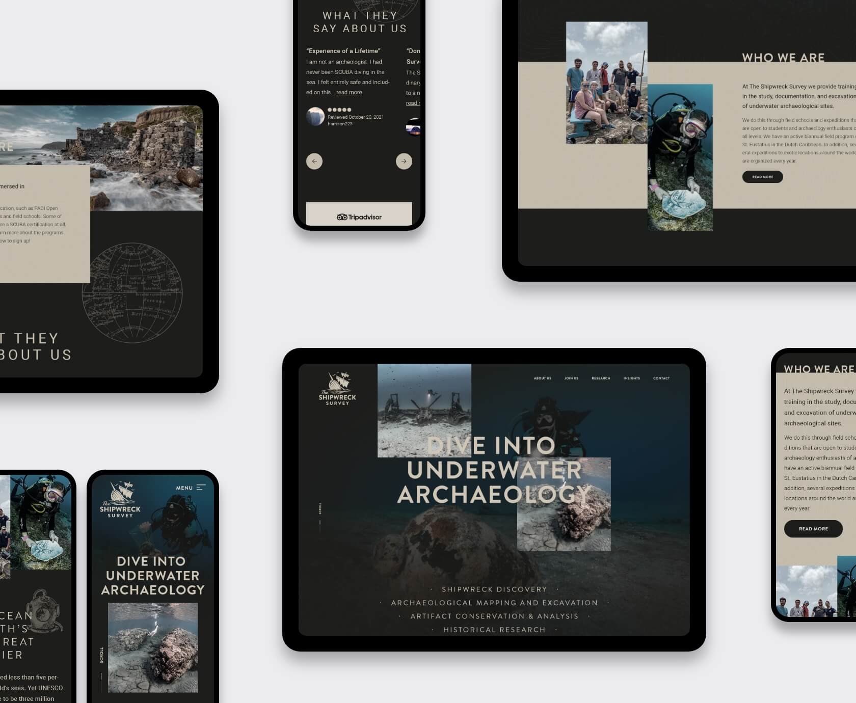Collage van maatwerk WordPress website voor onderwaterarcheologie op tablets en smartphones