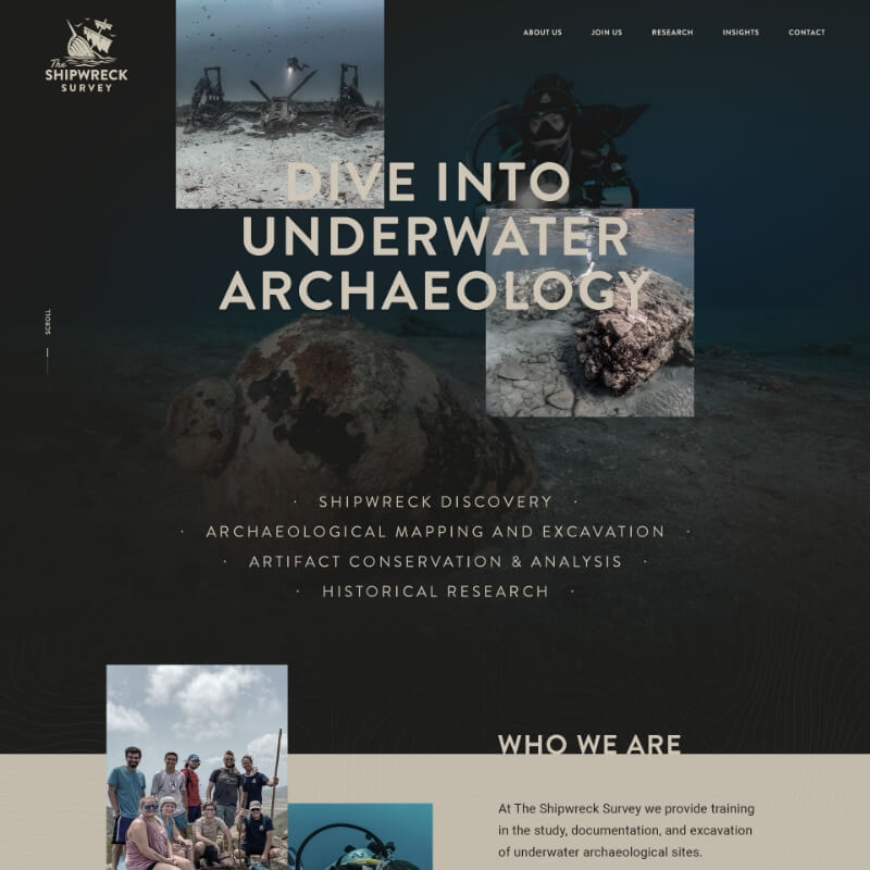 Hero van website voor onderwaterarcheologie met duikbeelden en intro tot het project