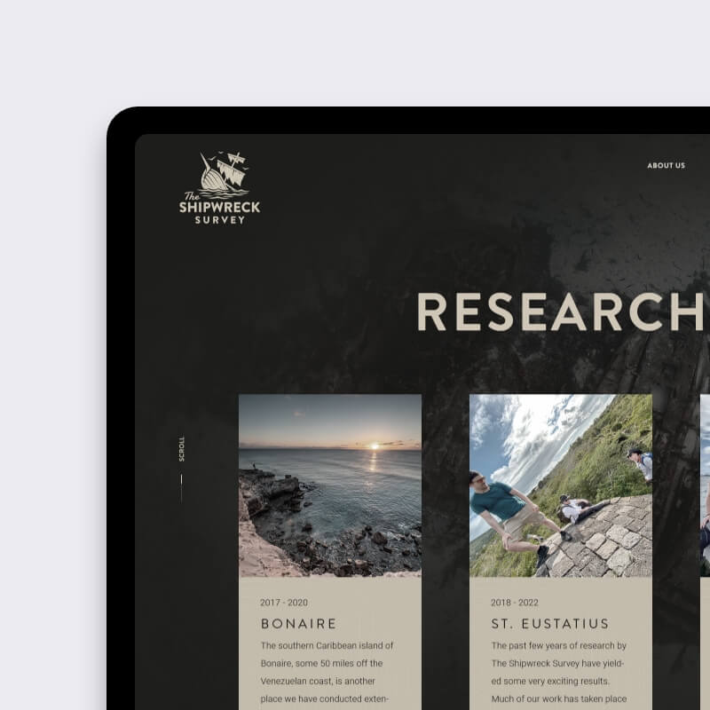 Tabletweergave van onderzoeksprojecten binnen website voor onderwaterarcheologie