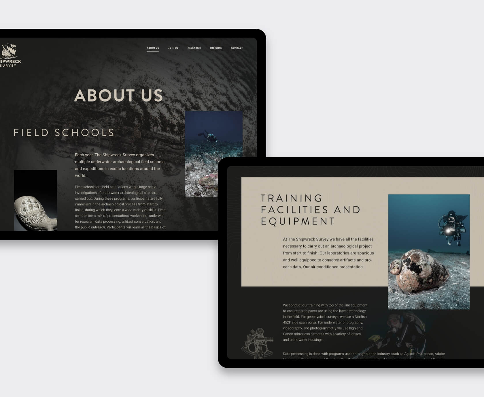 Over-ons-pagina met trainingsfaciliteiten op website voor onderwaterarcheologie