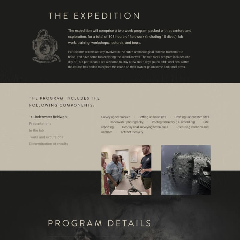 Programmaonderdelen en expeditiedetails van veldschool archeologie op de website