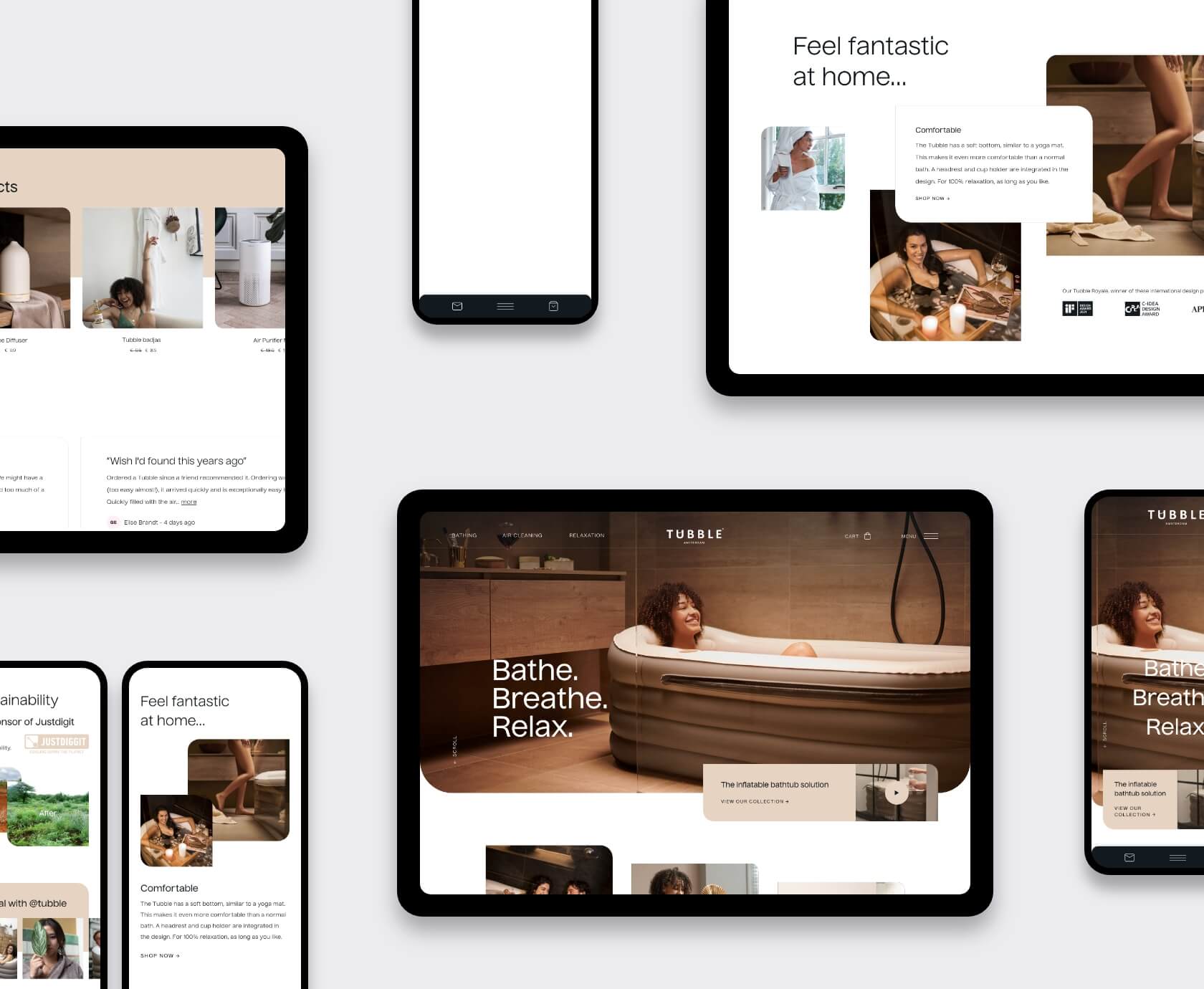 Mock-up van Tubble website op tablet en smartphone met home-, categorie- en productpagina’s